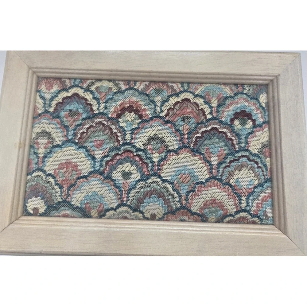 Vintage Wooden Jewelry Box Bargello Flame Stitch Tapestry w Mirror & Rose Lining